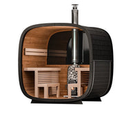 Leil® Black Cube Comfort Gartensauna bis 6 Personen von Leil® Saunas mit schwarzem Außendesign, Holzinnenraum, Holzbänken und Saunaofen