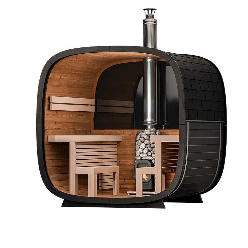 Leil® Black Cube Comfort Gartensauna bis 6 Personen von Leil® Saunas mit schwarzem Außendesign, Holzinnenraum, Holzbänken und Saunaofen