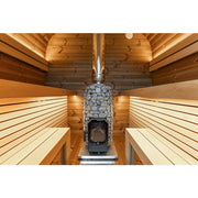Leil® Black Cube Comfort Gartensauna Innenraum mit Holzbänken, Ofen und LED-Beleuchtung