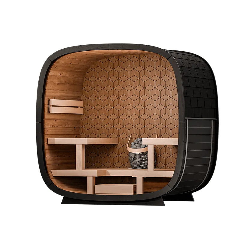 Leil Black Cube Premium Gartensauna mit schwarzem Hexagon-Design, Holzinnenraum, Bänken und Saunaofen
