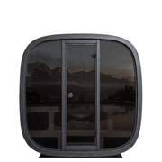 Leil Black Cube Premium Gartensauna Hexagon-Wand von Leil Saunas mit getönten Glaspanelen und moderner schwarzer Außenstruktur