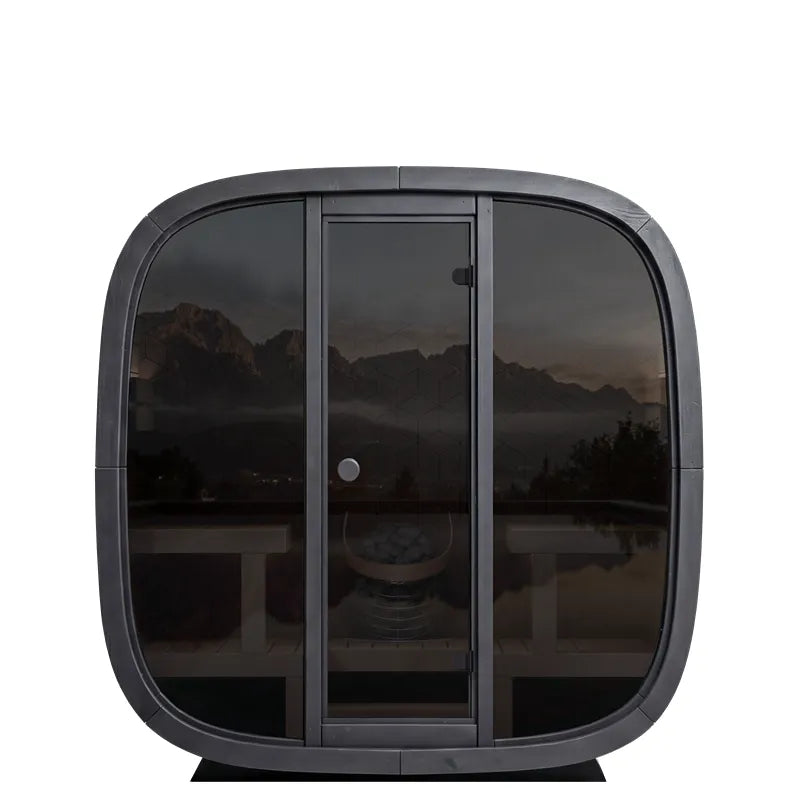 Leil Black Cube Premium Gartensauna Hexagon-Wand von Leil Saunas mit getönten Glaspanelen und moderner schwarzer Außenstruktur