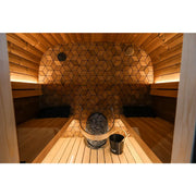 Leil Black Cube Premium Gartensauna Hexagon-Wand Innenansicht mit Holzbänken und Saunaofen