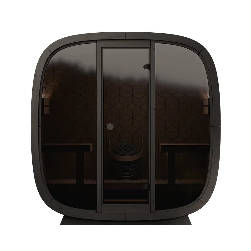 Leil Black Cube Premium Gartensauna mit charakteristischer Hexagon-Wand-Struktur, dunkle Glasfront und Holzinnenausstattung