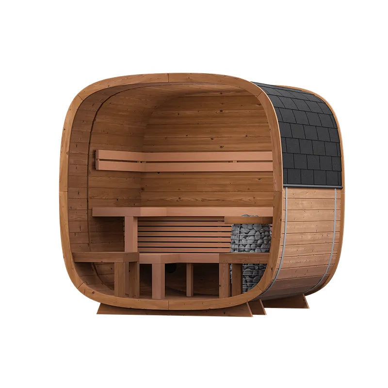 Leil Dice Comfy Gartensauna 4 Personen 2 Räume von Leil Saunas mit Holzinnenraum, Bänken und Saunaofen