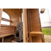 Leil Dice Comfy Gartensauna 4 Personen 2 Räume Innenraum mit Holzbänken und Ofen