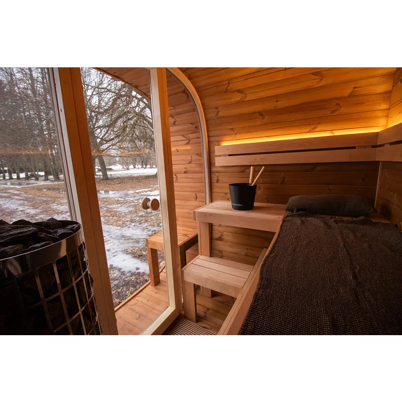 Leil Dice Comfy Gartensauna 4 Personen 2 Räume mit Holzinnenraum, Saunaofen und großem Fenster