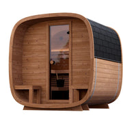 Leil Dice Comfy Gartensauna 4 Personen 2 Räume von Leil Saunas mit Holzfassade und schwarzem Dach