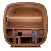 Leil Dice Comfy Gartensauna 4 Personen 2 Räume Innenansicht mit Holzbänken und Saunaofen