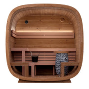 Leil Dice Comfy Gartensauna 4 Personen 2 Räume von Leil Saunas, Frontansicht mit Holzverkleidung und Saunaofen