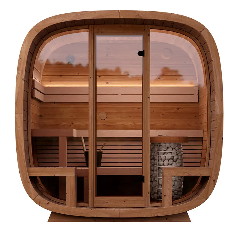 Leil Dice Comfy Gartensauna 4 Personen 2 Räume von Leil Saunas mit Glastüren, Holzaufbau und Saunasteine