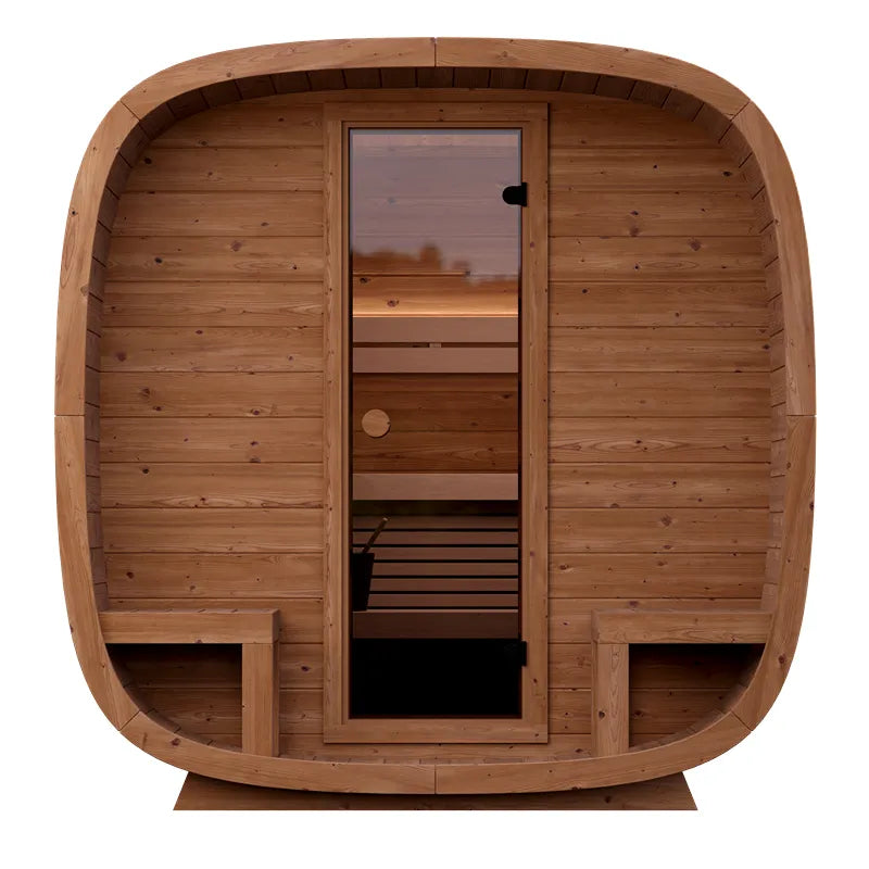 Leil Dice Comfy Gartensauna 4 Personen 2 Räume mit Holzfassade, geöffnete Tür zeigt Innenraum mit Bänken