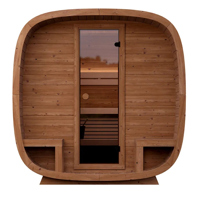 Leil Dice Comfy Gartensauna 4 Personen 2 Räume von Leil Saunas mit Holzfassade und Glastür