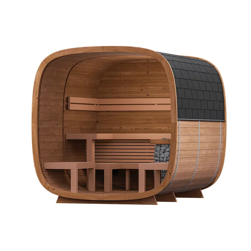 Leil Dice Dual Gartensauna von Leil Saunas mit Holzbank, zwei Räumen und schwarzem Dach, 5,6 m²