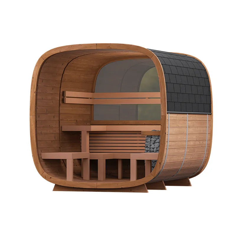 Leil Dice Dual Gartensauna von Leil Saunas mit zwei Räumen, Holzbank und dunklem Dach, 4-Personen Sauna