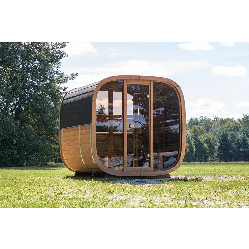 Leil Dice Dual Gartensauna von Leil Saunas mit 2 Räumen für 4 Personen im Garten auf Wiese