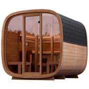 Leil Saunas Leil Dice Dual Gartensauna mit zwei Räumen, Holzverkleidung, großen Glasfenstern und Holzbänken im Innenraum