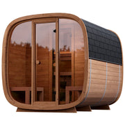 Leil Dice Dual Gartensauna 4 Personen 2 Räume von Leil Saunas mit Holzverkleidung und großem Glasfenster