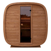 Leil Dice Dual Gartensauna von Leil Saunas, modernes Holzdesign mit Glastür und Holzbänken innen, Frontansicht