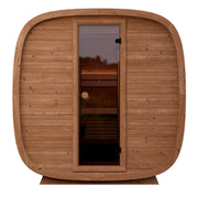 Leil Dice Dual Gartensauna von Leil Saunas mit Holzverkleidung, offener Tür und Innenraum mit Holzbänken