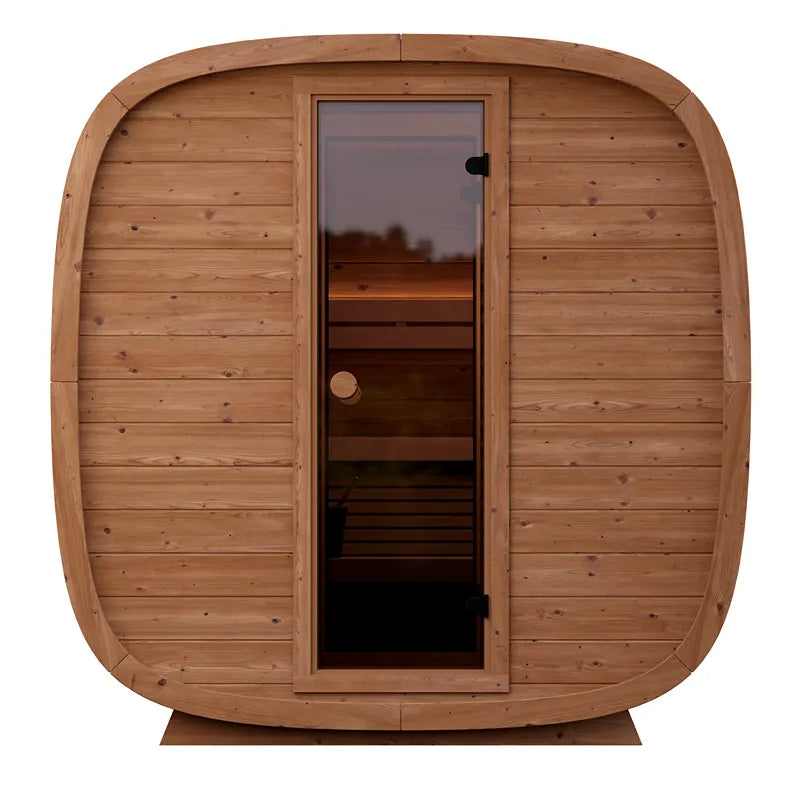 Leil Dice Dual Gartensauna von Leil Saunas mit Holzverkleidung, offener Tür und Innenraum mit Holzbänken