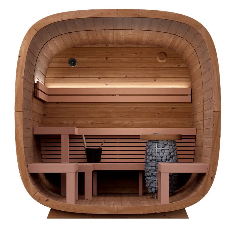 Leil Dice Dual Gartensauna 4 Personen mit 2 Räumen, Innenansicht mit Holzbänken und Saunaofen