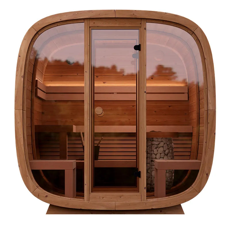 Leil Saunas Leil Dice Dual Gartensauna mit zwei Räumen, Holzverkleidung, breites Glasfenster und Holzbänke innen