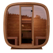 Leil Dice Dual Gartensauna von Leil Saunas mit 2 Räumen, Holzkonstruktion, großen Panoramafenstern und Holzbänken für 4 Personen
