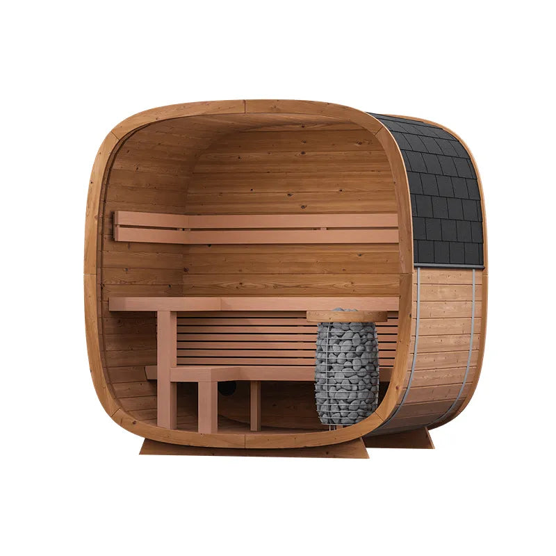 Leil Dice Pocket – Kompakte Gartensauna 4 Personen von Leil Saunas mit Holzinnenraum, Holzbänken und Saunaofen
