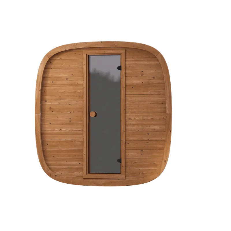 Leil Dice Pocket Gartensauna 4 Personen von Leil Saunas mit moderner Würfelform, Holzfassade und Holz Vorderwand