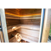 Leil Dice Pocket Gartensauna Innenraum mit Holzbänken, LED-Deckenbeleuchtung und Holzverkleidung
