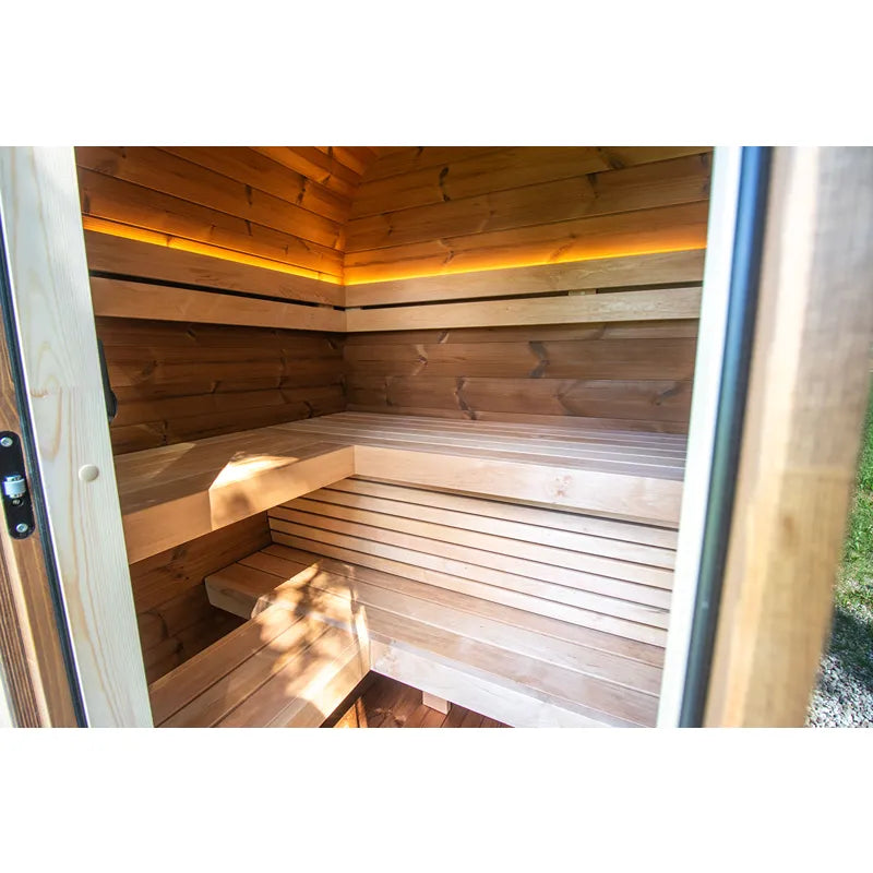 Leil Dice Pocket Gartensauna Innenraum mit Holzbänken, LED-Deckenbeleuchtung und Holzverkleidung
