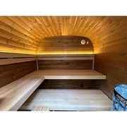 Leil® Dice Solo Gartensauna Innenraum mit Holzbänken, LED-Beleuchtung und gewölbter Decke