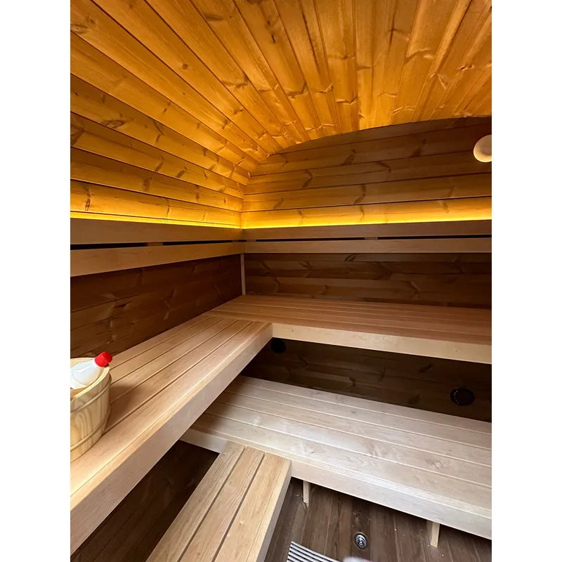 Leil® Dice Solo Gartensauna Innenraum mit Holzbänken, LED-Beleuchtung und Saunazubehör