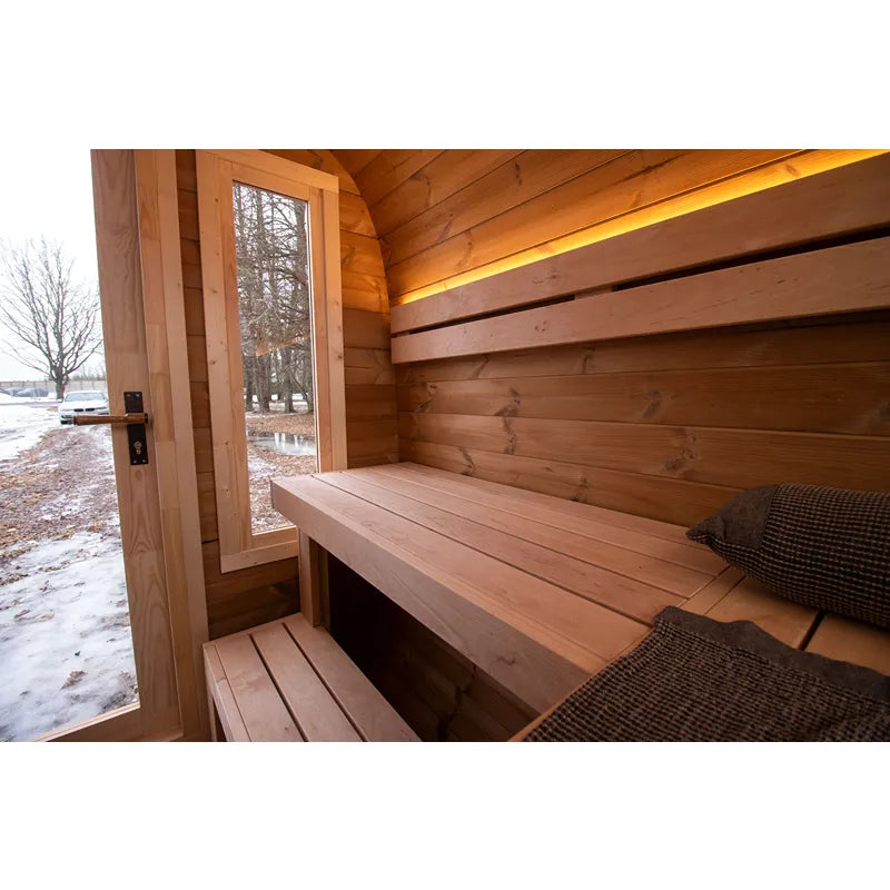 Leil® Dice Solo Gartensauna 5 Personen 4,5 m² Innenraum mit Holzbänken und Fenster