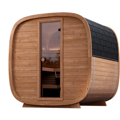 Leil Dice Solo Gartensauna 5 Personen 4,5 m² mit Holzverkleidung, offener Tür und Innenansicht der Holzbänke