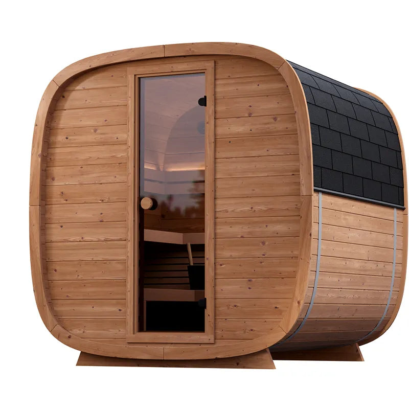 Leil® Dice Solo Gartensauna 5 Personen 4,5 m² mit Holzverkleidung, offener Tür und Innenblick auf Holzbänke
