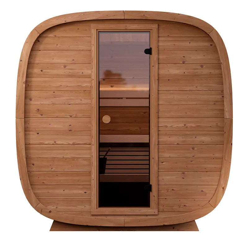 Leil® Dice Solo Gartensauna 5 Personen 4,5 m² mit Holzfassade, offener Tür und Holzbänken im Innenraum