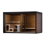 Leil® Patio L Gartensauna 5 Personen mit schwarzem Rahmen, Holzinnenraum, Saunabänken und Saunaofen