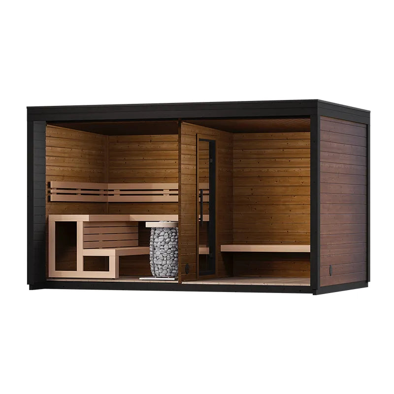 Leil® Patio L Gartensauna 5 Personen mit schwarzem Rahmen, Holzinnenraum, Saunabänken und Saunaofen