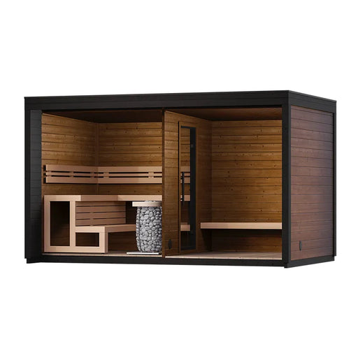 Leil Patio L Gartensauna 5 Personen mit schwarzem Rahmen, Holzinnenraum, Saunabänken und Saunaofen