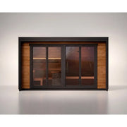 Leil® Patio L Gartensauna 5 Personen 9,6 m² von Leil® Saunas mit Holzverkleidung und großen Glastüren