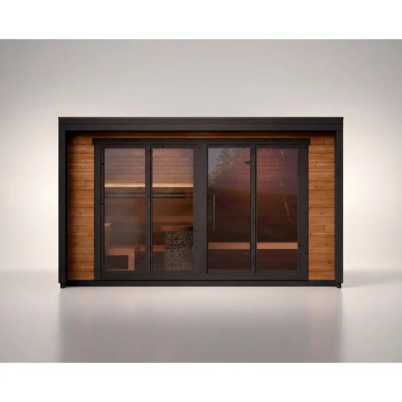 Leil® Patio L Gartensauna 5 Personen 9,6 m² von Leil® Saunas mit Holzverkleidung und großen Glastüren
