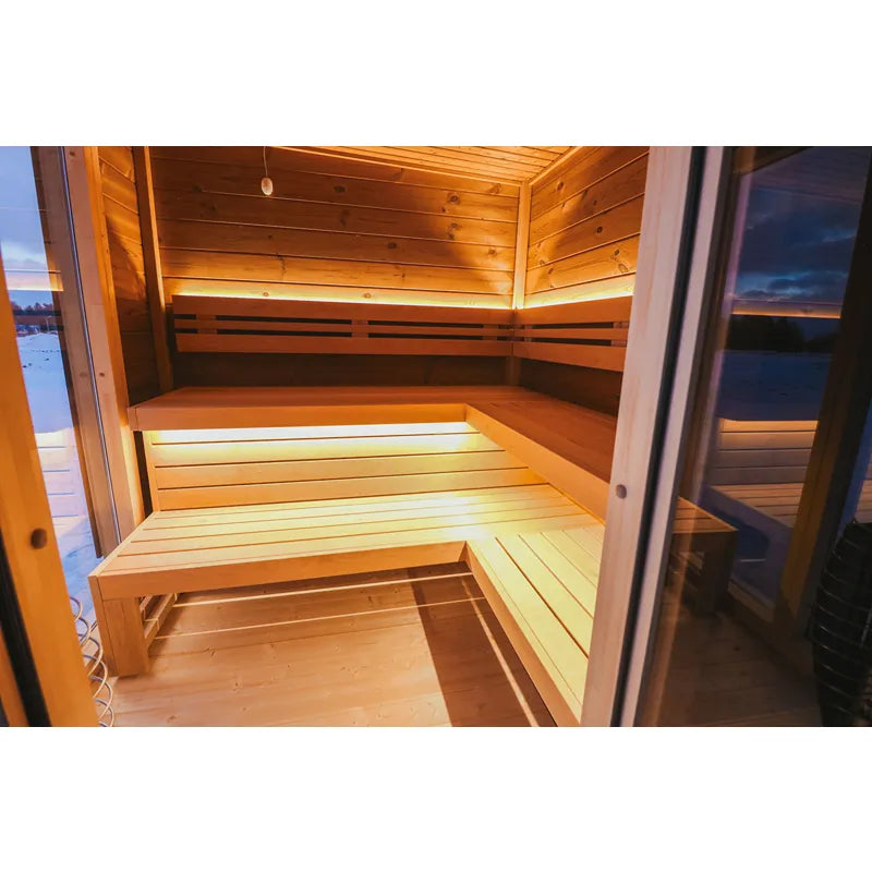 Leil® Patio L Gartensauna 5 Personen Innenraum mit Holzbänken und LED-Beleuchtung