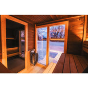 Leil® Patio L Gartensauna 5 Personen 9,6 m² Innenraum mit Holzbänken, Glastür und Saunaofen