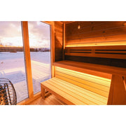 Leil® Patio L Gartensauna 5 Personen mit Holzbänken, Glastür und Seeblick im Winter