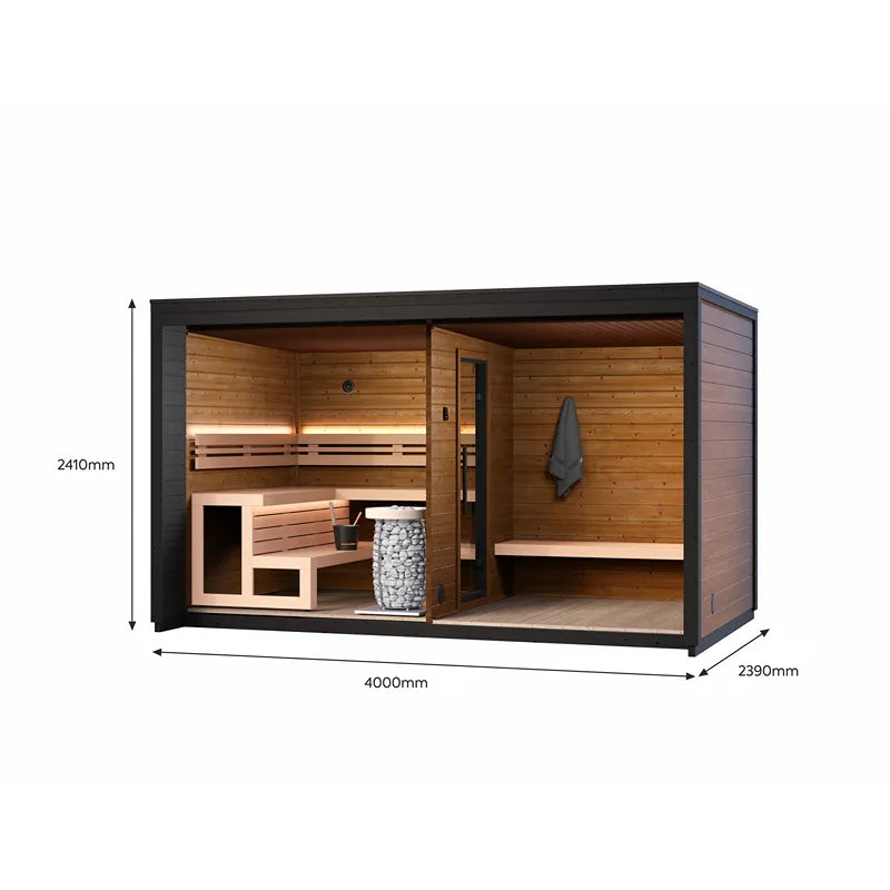Leil® Patio L Gartensauna 5 Personen 9,6 m² mit Holzinnenraum, Saunabänken, Ofen und Maßangaben