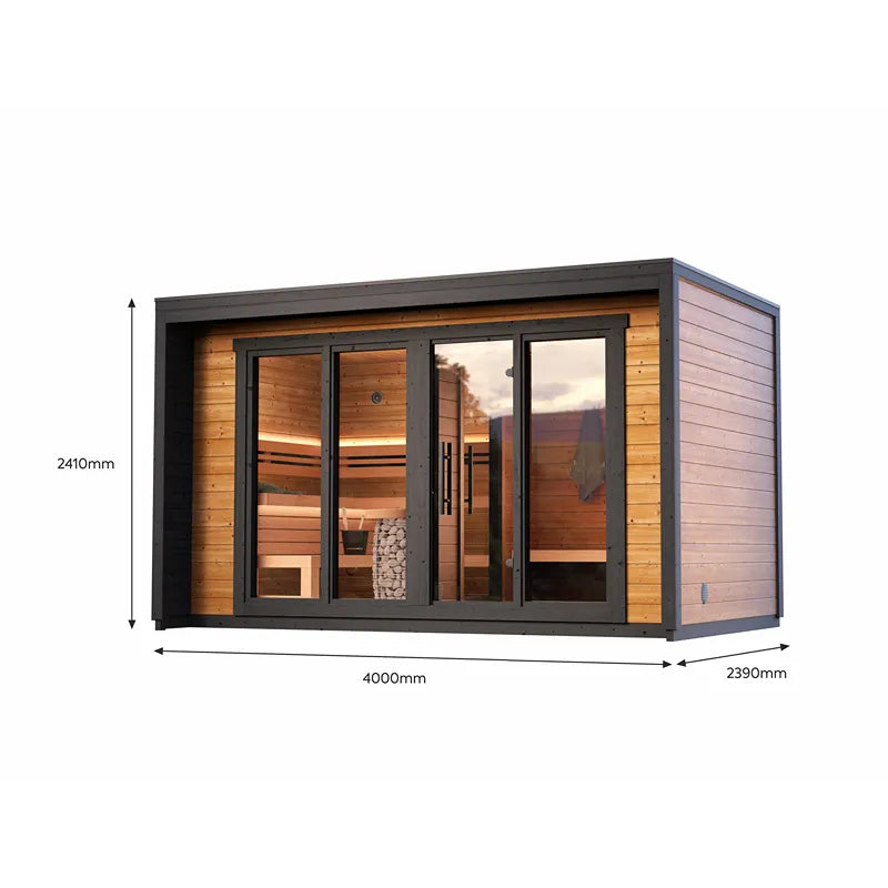 Leil® Patio L Gartensauna 5 Personen mit Holzverkleidung, großen Glasschiebetüren und Innenholzbänken
