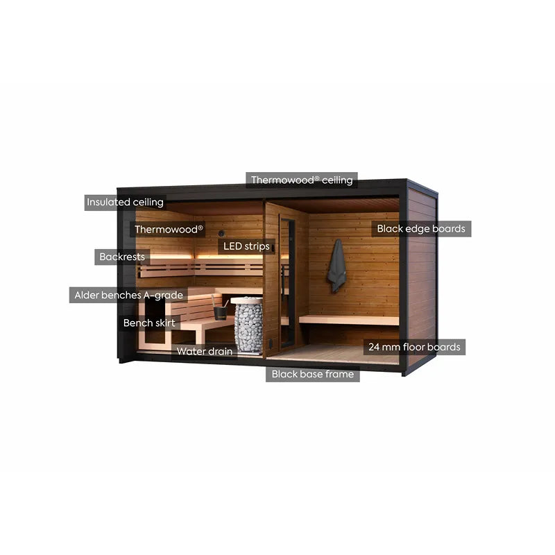 Leil® Patio L Gartensauna 5 Personen mit Thermowood-Wänden, Holzbänken, LED-Beleuchtung und schwarzem Rahmen