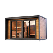 Leil® Patio L Gartensauna 5 Personen 9,6 m² von Leil® Saunas mit Holzverkleidung, großen Glastüren und Innenausstattung
